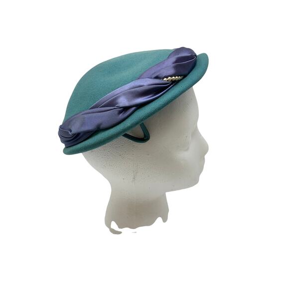 Glenover Henry Pollak Teal Blue Felt Hat Purple Ribbon Trim Vintage 1950s Cloche - Picture 3 of 8